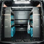 Rear van view of the VW Transporter T7 Kombi LWB Double MakPac Hexaboard Van Racking displayed with tools and makita toolboxes