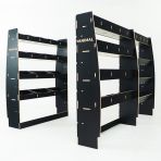 Rear van RH side angle view of the Nissan Interstar 2025- Hexaboard Triple Van Racking System with x3 Toolbox Shelves