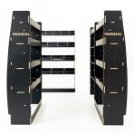 Full hexaboard van racking setup for Nissan Interstar 2025 with bulkhead storage, angled toolbox shelves and rear shelving
