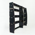 Back view of the Ford Nissan Interstar 2025- Hexaboard Driver Side Van Racking with x3 Toolbox Shelves 