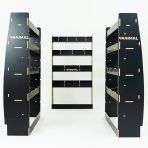 Full hexaboard van racking setup for Nissan Interstar 2025 with bulkhead shelving and double rear compartment units