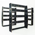 Heavy‑duty hexaboard triple‑pack racking for Nissan Interstar 2025 with bulkhead and rear multi‑compartment storage