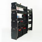 Back view of the Nissan Interstar 2025- Hexaboard Driver Side Van Racking with x5 Festool Systainer Shelves displayed with tools and toolboxes