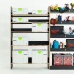 Close-up side van view of the Nissan Interstar 2025- Hexaboard Driver Side Van Racking with x5 Festool Systainer Shelves displayed with tools and toolboxes