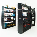 Full hexaboard racking setup for Nissan Interstar 2025 with 5 Festool shelves and twin 15‑compartment rear units