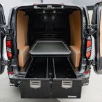 Rear van top angle view of the ProTop Deep Twin Drawer with Sliding Floor displayed with drawers open