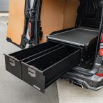 Side van angle view of the ProTop Deep Twin Drawer with Sliding Floor displayed with drawers open