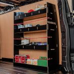 Rear van side angle view of the Vauxhall Vivaro B 2014-2019 LWB Hexaboard OS Rear Racking and Shelving