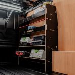 Rear van side angle view of the Fiat Scudo Hexaboard Front Toolbox Racking with x2 Shelves