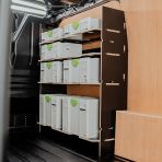 Rear van side angle view of the Fiat Scudo Hexaboard Front Festool Systainer Racking with 4 Shelves