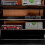Close-up view of the front toolbox shelves
