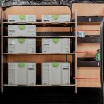 Side van view of the Hexaboard Driver Side Van Racking with x4 Festool Systainer Shelves for the Fiat Scudo SWB