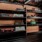 Side van angle view of the Fiat Scudo LWB Hexaboard Driver Side Racking inc x4 Toolbox Shelves