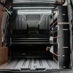 Rear van view of the Fiat Scudo LWB Hexaboard Driver Side Racking inc x2 Toolbox Shelves