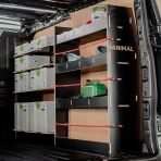 Rear van side angle view of the Fiat Scudo LWB Hexaboard Driver Side Racking inc x4 Festool Shelves