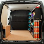 Rear van view of the Fiat Scudo Hexaboard Driver Side Ulti-Rack Van Racking V2 displayed with Makita toolboxes and equipment