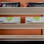 Close-up front view of the Fiat Scudo Front Toolbox Racking with x4 Angled Shelves