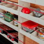Close-up side angle view of the compartment on the Fiat Scudo SWB Full Driver Side Multi-Compartment Ply Racking