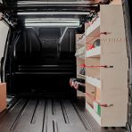 Rear van view of the Fiat Scudo SWB Full Driver Side Racking with x4 Toolbox Shelves