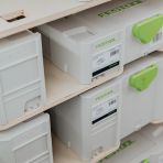 Close-up view of the Festool Shelves with boxes displayed