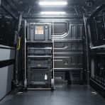 Rear van view of the VW Crafter 2017+ DeWalt ToughSystem 2.0 Trolley Compatible Van Racking - Bulkhead displayed with DeWalt ToughSystem 2.0 toolboxes and trolley