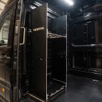Side van angle view of the VW Crafter 2017+ DeWalt ToughSystem 2.0 Trolley Compatible Van Racking - Bulkhead