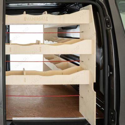 Outside RH side view of the Fiat Scudo SWB NS Rear Racking and Bulkhead/Front RH L-Rack - LH side door displayed open