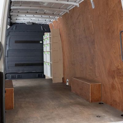 Rear van view of Nissan Interstar 2025- Front Festool Shelving Unit
