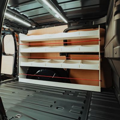 Side van view of the VW Caddy Cargo Maxi 2021- NS Full Length passenger-Side Van Racking