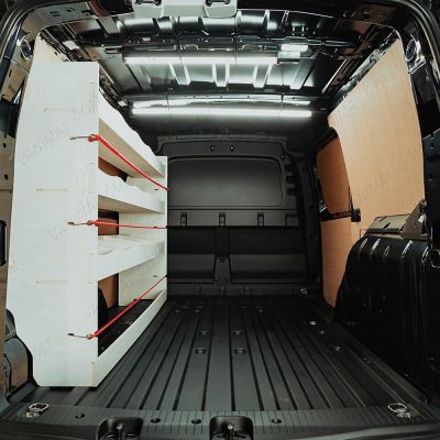 Rear van view of the VW Caddy Cargo Maxi 2021- NS Full Length passenger-Side Van Racking