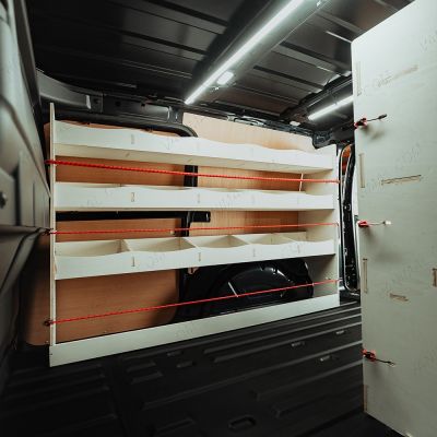 Nissan Townstar 2022 L2 dual racking set with NS Rear compartments and XL OS shelves, bungee cord ready