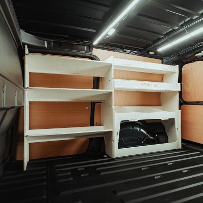 Side van angle view of the VW Caddy Cargo Maxi 2021- Driver-Side Van Shelving inc Rear Ulti-Rack V2