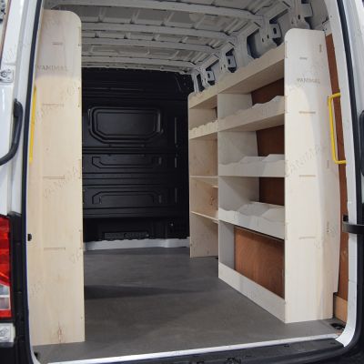 OS side view of the MAN TGE 2017- MWB NS Rear and Driver Side Racking with Toolbox Shelves