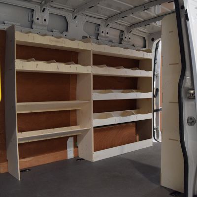 Side van view of MAN TGE 2017- MWB NS Rear and Driver Side Racking with Toolbox Shelves