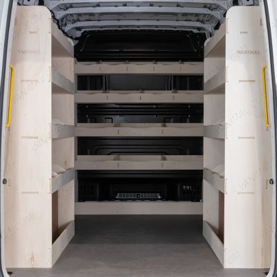 Rear van view of the MAN TGE 2017- MWB Double Rear and Full-Width Bulkhead Ply Racking