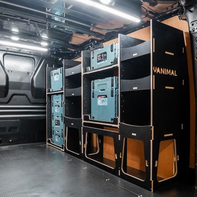 Rear van side angle view of the Fiat Scudo 2022+ L1 Makita Makpac Toolbox Compatible Van Racking (Full OS) displayed with Makita Makpac toolboxes