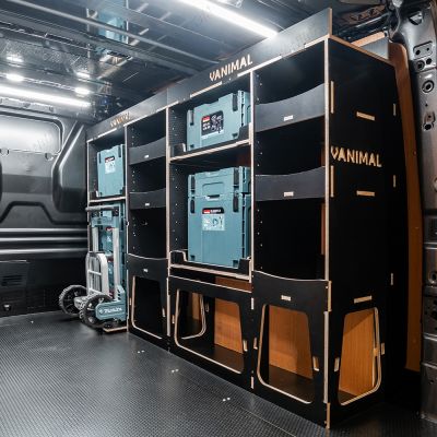 Rear van side angle view of the Fiat Scudo 2022+ L1 Makita Makpac Trolley Compatible Van Racking (Full OS) displayed with Makita Makpac toolboxes