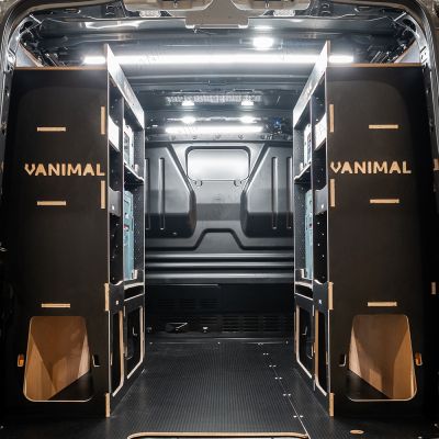 Rear van view of the Fiat Scudo 2022+ L1 Makita Makpac Toolbox Compatible Van Racking (x2 Rears) displayed with Makita Makpac toolboxes and top trays