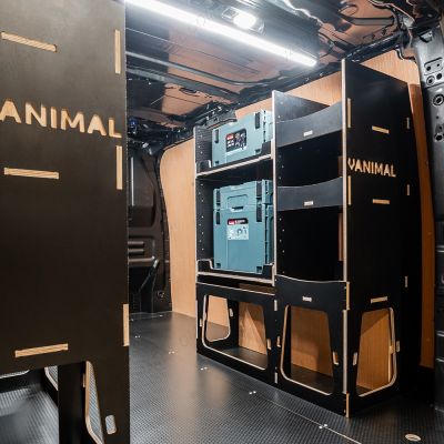 OS rear van view of the Fiat Scudo 2022+ L1 Makita Makpac Toolbox Compatible Van Racking (x2 Rears) displayed with Makita Makpac toolboxes