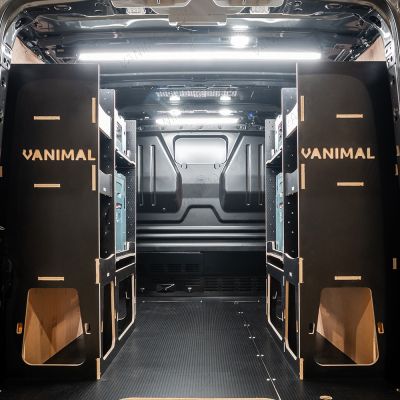 Rear van view of the Fiat Scudo 2022+ L1 Makita Makpac Toolbox Compatible Van Racking (x2 Rears) displayed with Makita Makpac toolboxes