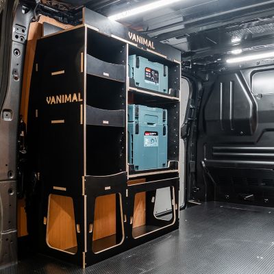 Rear van side angle view of the Fiat Scudo 2022+ L1 Makita Makpac Toolbox Compatible Van Racking - NS Rear displayed with Makita Makpac toolboxes and top tray
