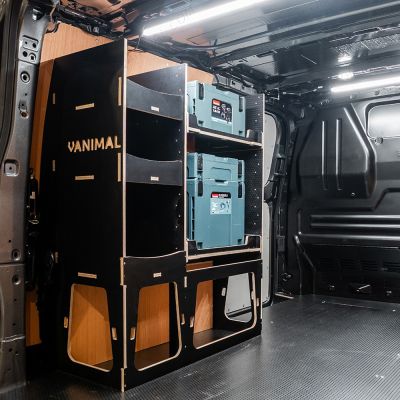 Rear van side angle view of the Fiat Scudo 2022+ L1 Makita Makpac Toolbox Compatible Van Racking - NS Rear displayed with Makita Makpac toolboxes