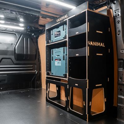 Rear van side angle view of the Fiat Scudo 2022+ L1 Makita Makpac Toolbox Compatible Van Racking - OS Rear displayed with Makita Makpac toolboxes and top tray