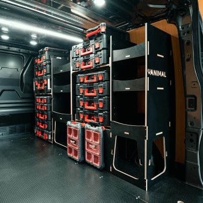 Rear van side angle view of the Fiat Scudo 2022+ L1 Milwaukee Packout Toolbox Compatible Van Racking displayed 