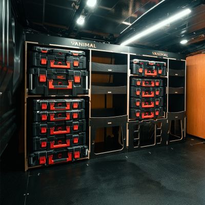 Side van angle view of the Fiat Scudo 2022+ L1 Milwaukee Packout Toolbox Compatible Van Racking displayed with optional extra top tray 