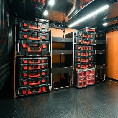 Side van angle view of the Fiat Scudo 2022+ L1 Milwaukee Packout Toolbox Compatible Van Racking
