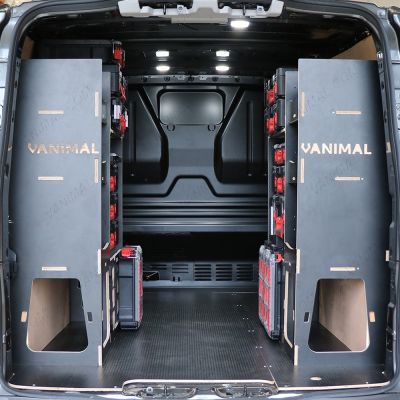 Rear van view of the Peugeot Expert 2016+ L1 Milwaukee Packout Toolbox Compatible Van Racking 