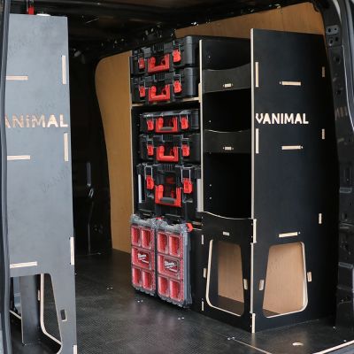 Rear van OS angle view of the Peugeot Expert 2016+ L1 Milwaukee Packout Toolbox Compatible Van Racking (x2 Rears) displayed with Milwaukee toolboxes 