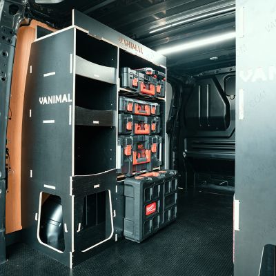 Rear van NS angle view of the Fiat Scudo 2022+ L1 Milwaukee Packout Toolbox Compatible Van Racking with optional top trays