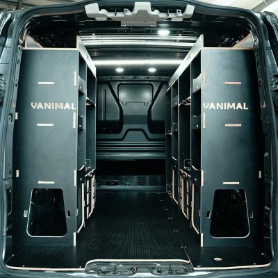 Rear van view of the Peugeot Expert 2016+ L1 Milwaukee Packout Toolbox Compatible Van Racking with optional top trays